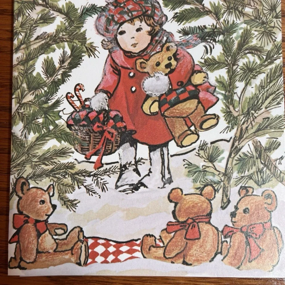 VTG 10 Christmas Cards Carol Watson Little Girl Teddy Bear Treats Xmas Holiday